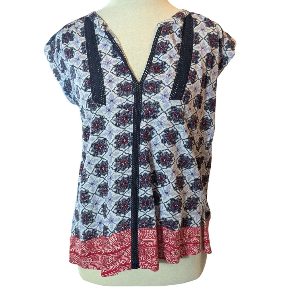 Lucky Brand Top Women S Blue Red Medallion Boho Crochet Lace V-Neck Cap Sleeve